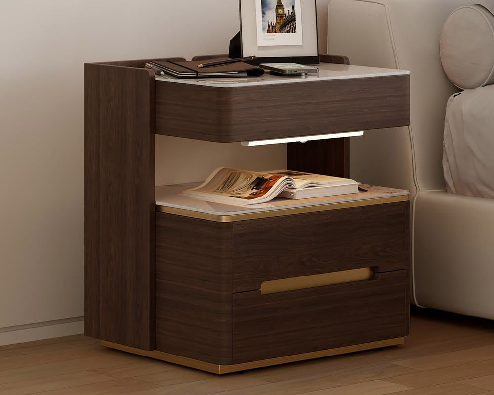 HMR Vailora Smart Nightstand with Wireless Charger Sensor Light Bluetooth Speakers - Walnut & White, Set Of 2