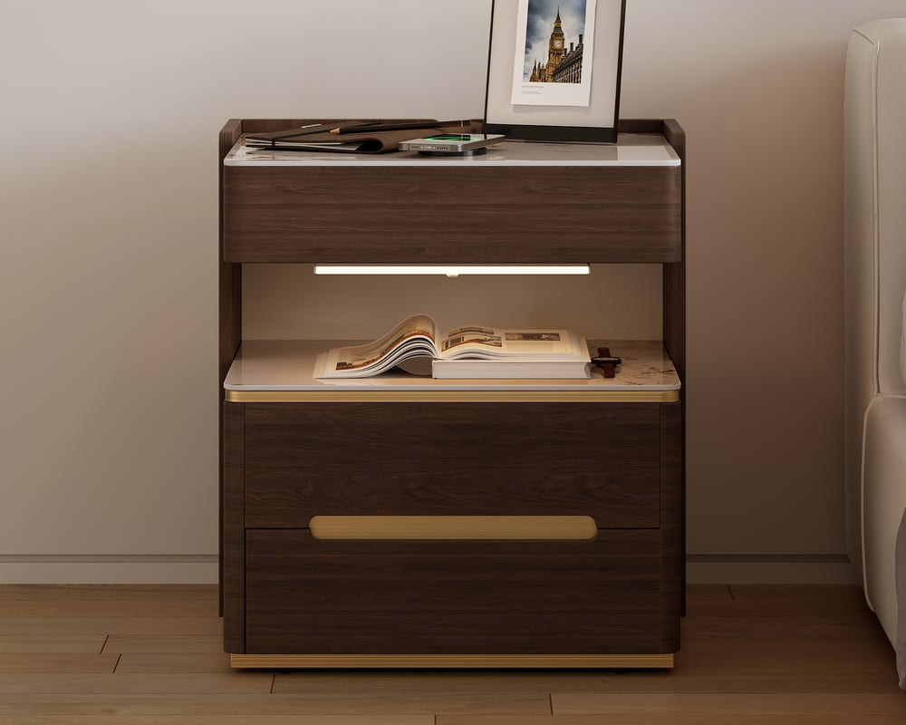 HMR Vailora Smart Nightstand with Wireless Charger Sensor Light Bluetooth Speakers - Walnut & White, Set Of 2