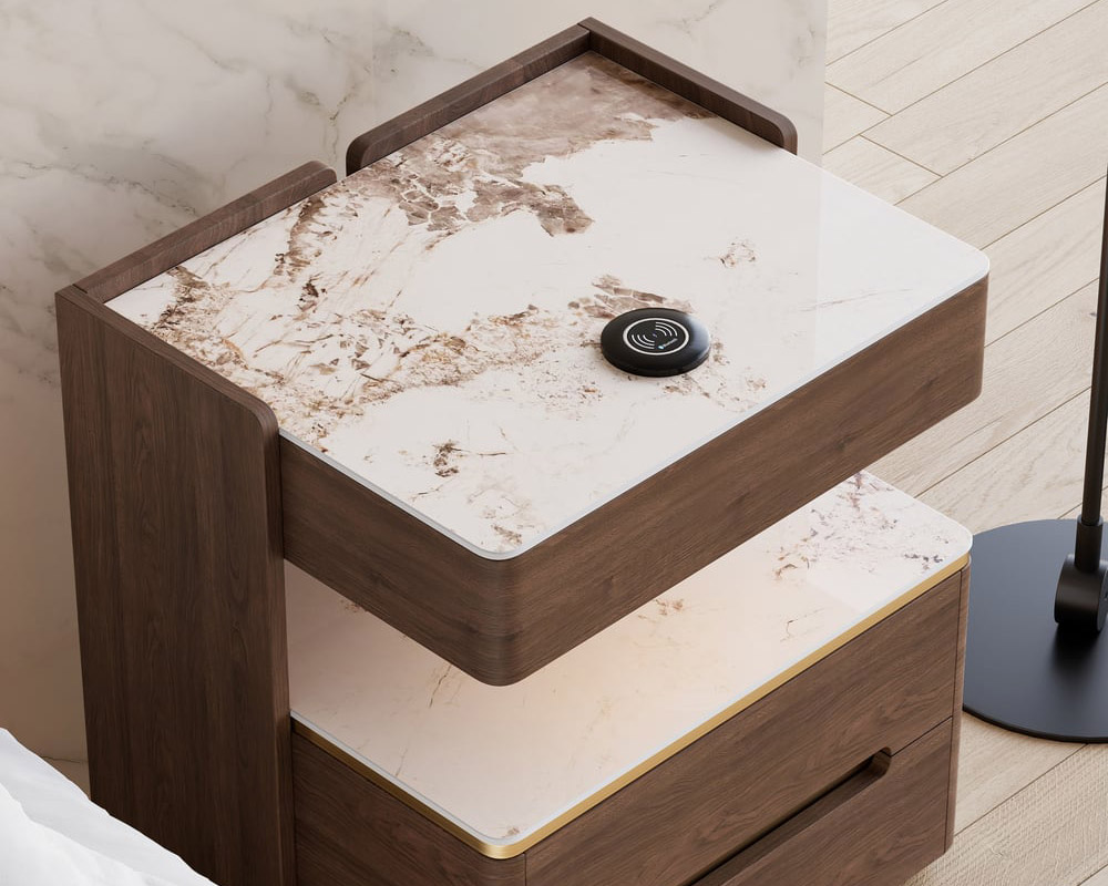 HMR Vailora Smart Nightstand with Wireless Charger Sensor Light Bluetooth Speakers - Walnut & White, Set Of 2