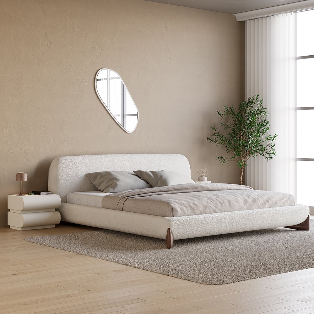 HMR Modern White Boucle Platform Bed & 2 Smart Boucle Nightstand Style A - White, Queen, 2 Drawers