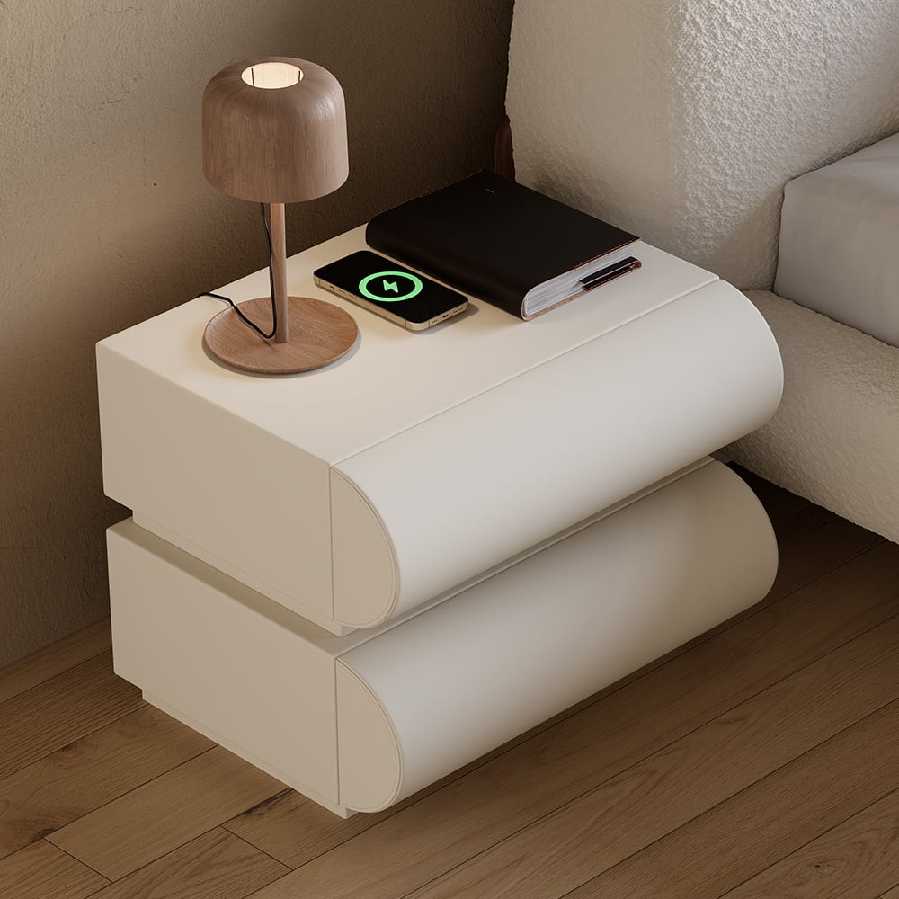 HMR Modern White Boucle Platform Bed & 2 Smart Boucle Nightstand Style A - White, Queen, 2 Drawers