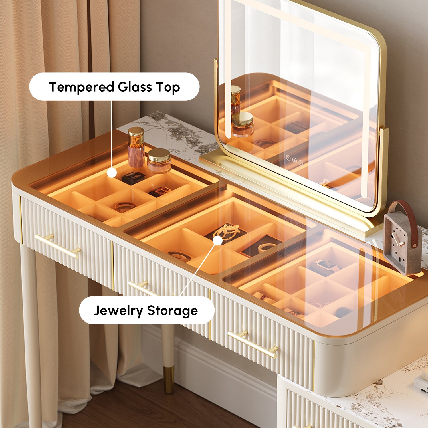 HMR Glass Sintered Stone Top Makeup Vanity Set with Mirror - White