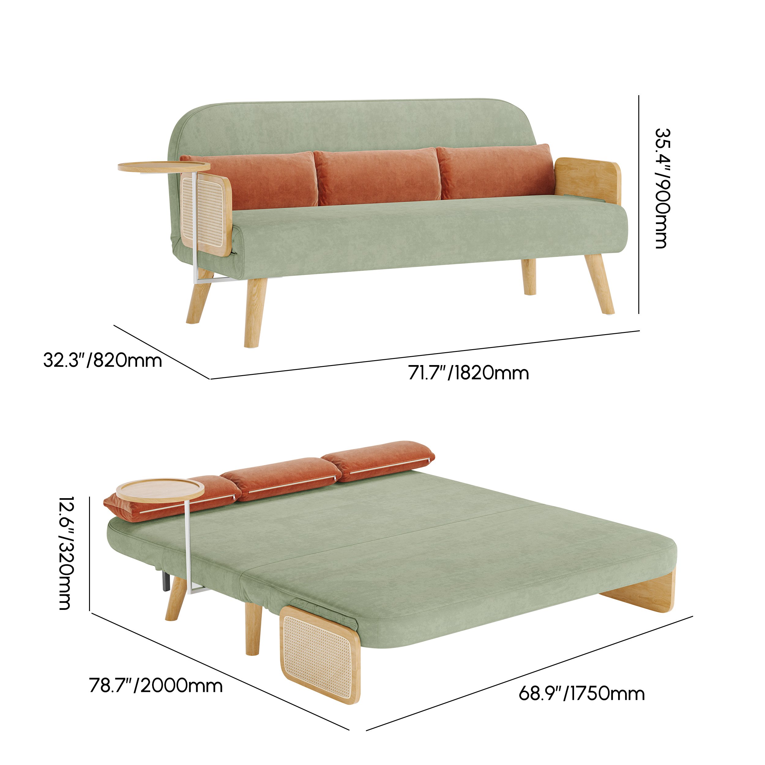 HMR Velvet & Rattan Sleeper Sofa with Tray - Green, Queen Size