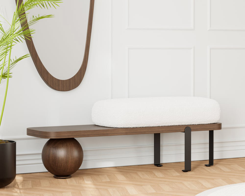HMR Wooden Entryway Bench Fleece Upholstered with Abstract Metal Legs - Walnut/Black