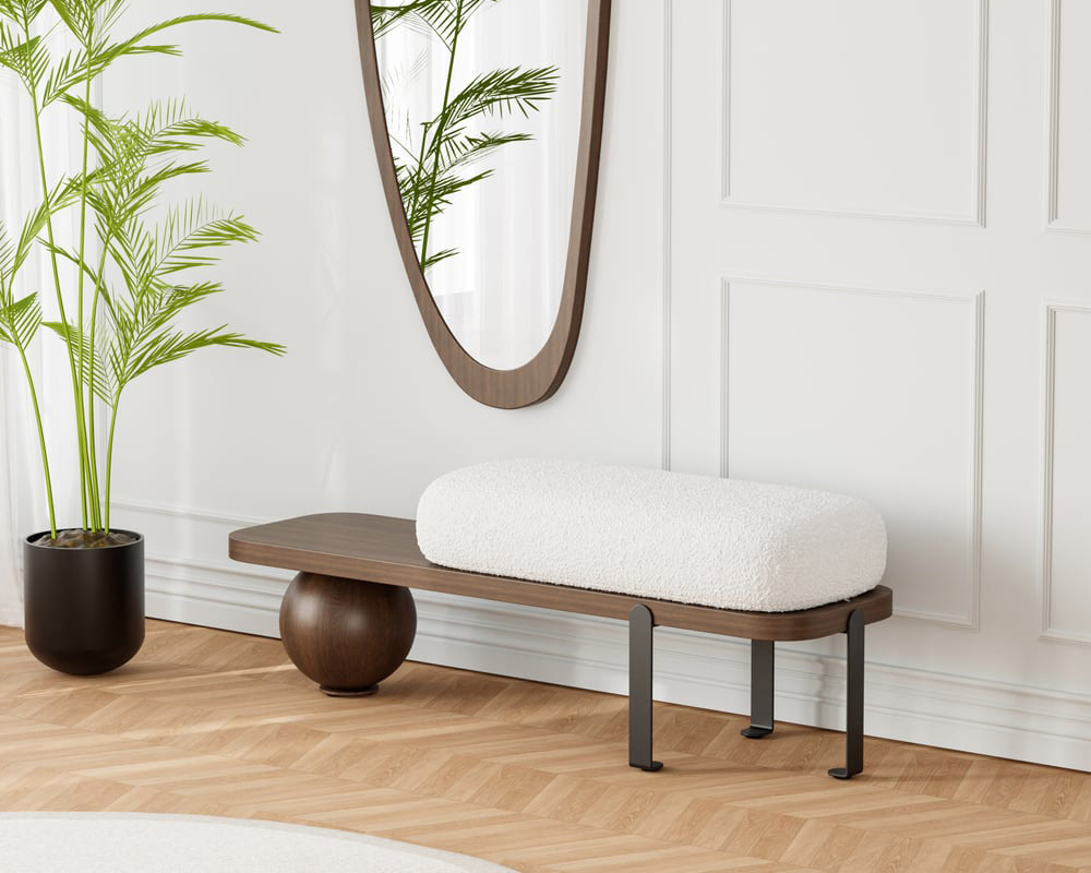 HMR Wooden Entryway Bench Fleece Upholstered with Abstract Metal Legs - Walnut/Black