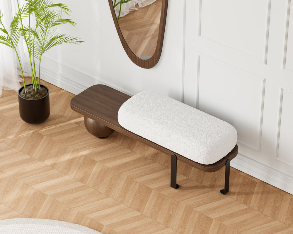 HMR Wooden Entryway Bench Fleece Upholstered with Abstract Metal Legs - Walnut/Black