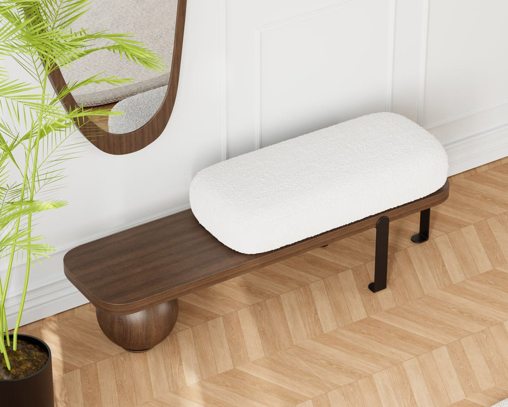 HMR Wooden Entryway Bench Fleece Upholstered with Abstract Metal Legs - Walnut/Black