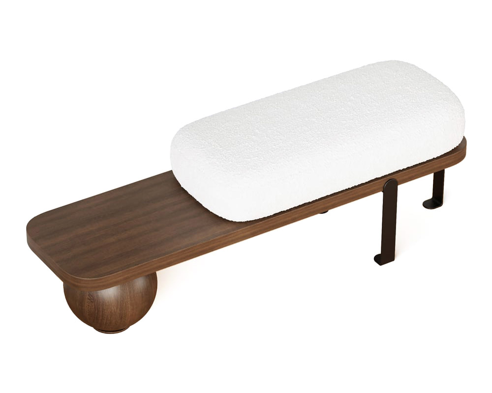 HMR Wooden Entryway Bench Fleece Upholstered with Abstract Metal Legs - Walnut/Black
