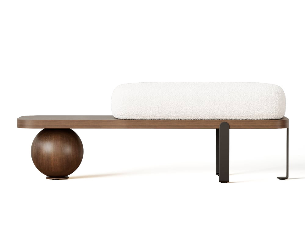 HMR Wooden Entryway Bench Fleece Upholstered with Abstract Metal Legs - Walnut/Black