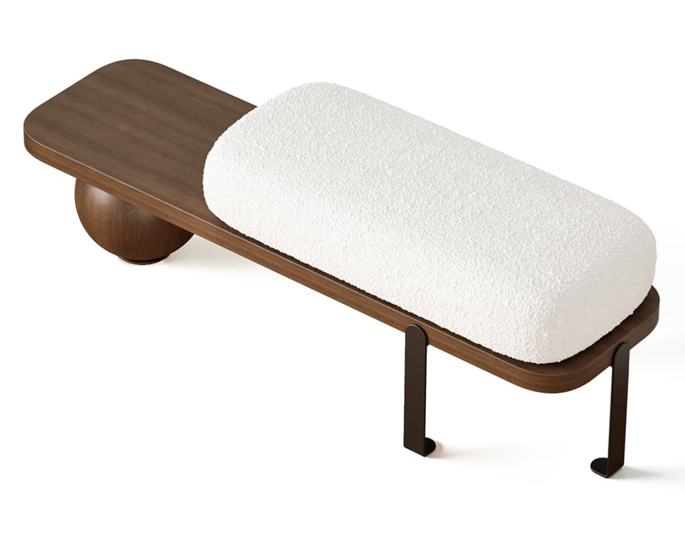 HMR Wooden Entryway Bench Fleece Upholstered with Abstract Metal Legs - Walnut/Black