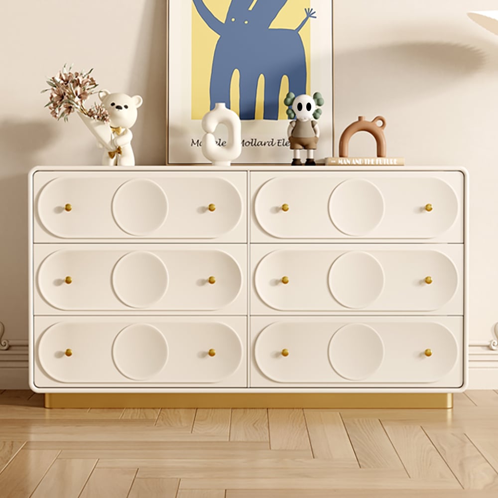HMR - 59.1"W Art Deco White & Gold 6 Drawer Dresser Chest with Storage Cabinet