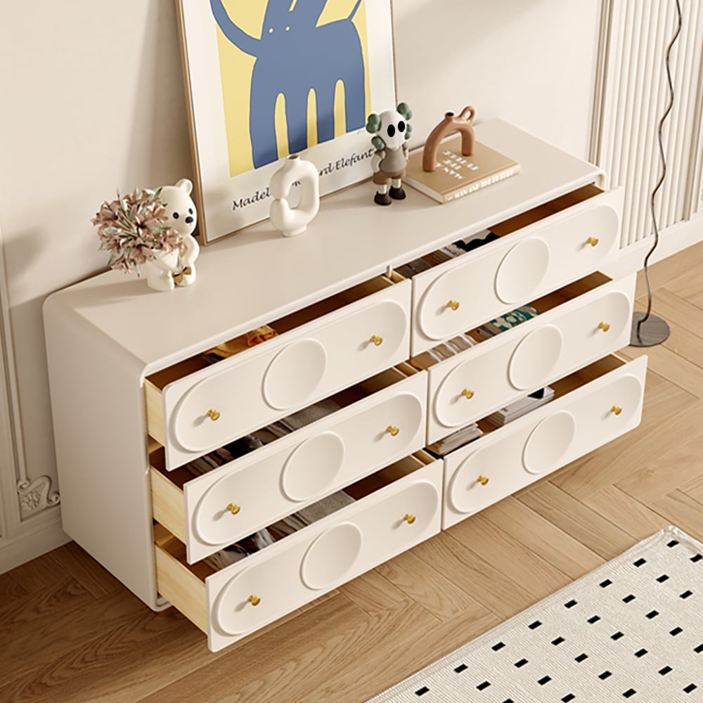 HMR - 59.1"W Art Deco White & Gold 6 Drawer Dresser Chest with Storage Cabinet