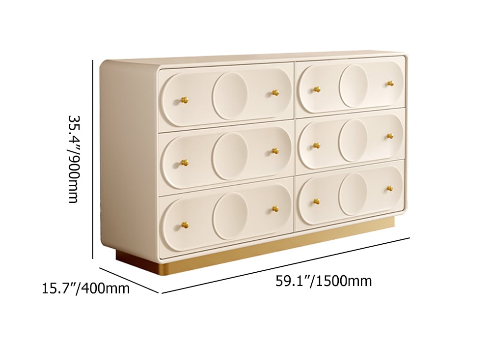 HMR - 59.1"W Art Deco White & Gold 6 Drawer Dresser Chest with Storage Cabinet