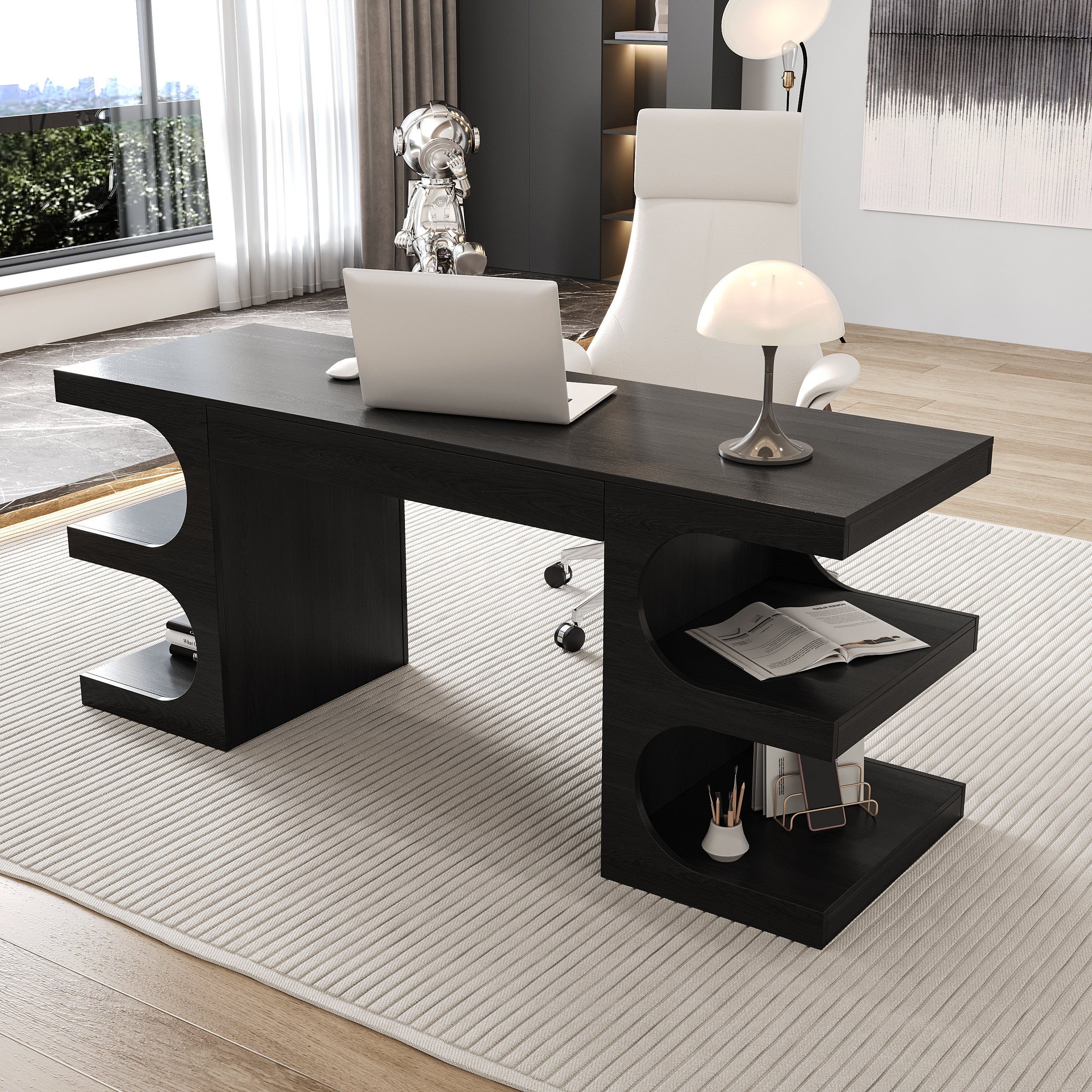 HMR 64.2" Wooden Writing Desk & Reclining Leather Office Desk Chair Set - Black & White