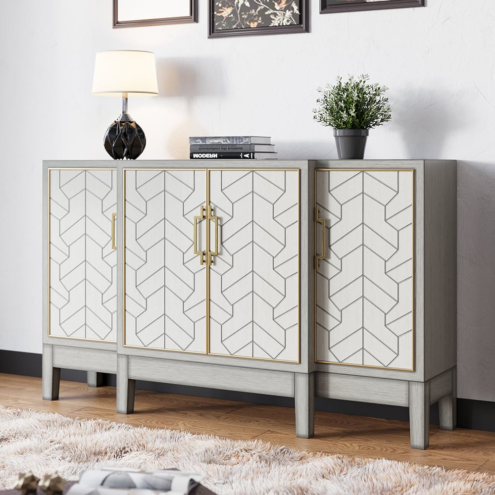 HMR - 59" Antique Gray Sideboard Buffet with Doors Farmhouse Carved Credenza