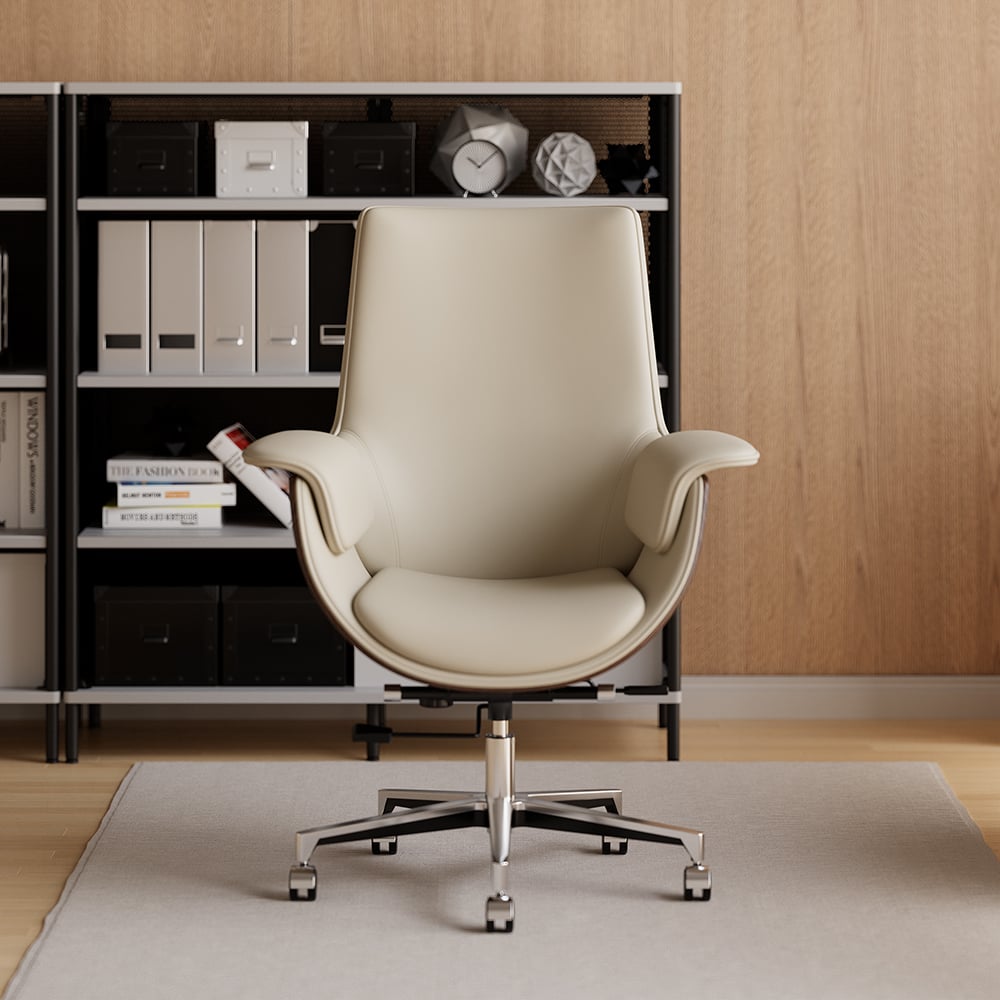 HMR - Gray Leather Modern Home Office Chair Upholstered High Back Desk Chair Wood Grain Frame