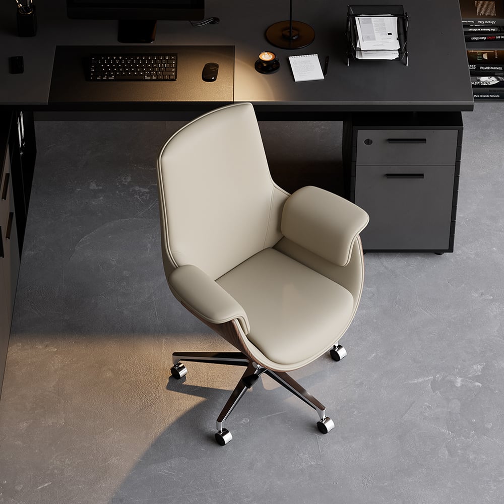 HMR - Gray Leather Modern Home Office Chair Upholstered High Back Desk Chair Wood Grain Frame