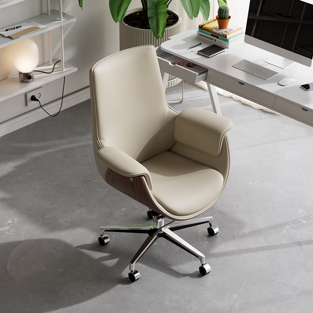 HMR - Gray Leather Modern Home Office Chair Upholstered High Back Desk Chair Wood Grain Frame