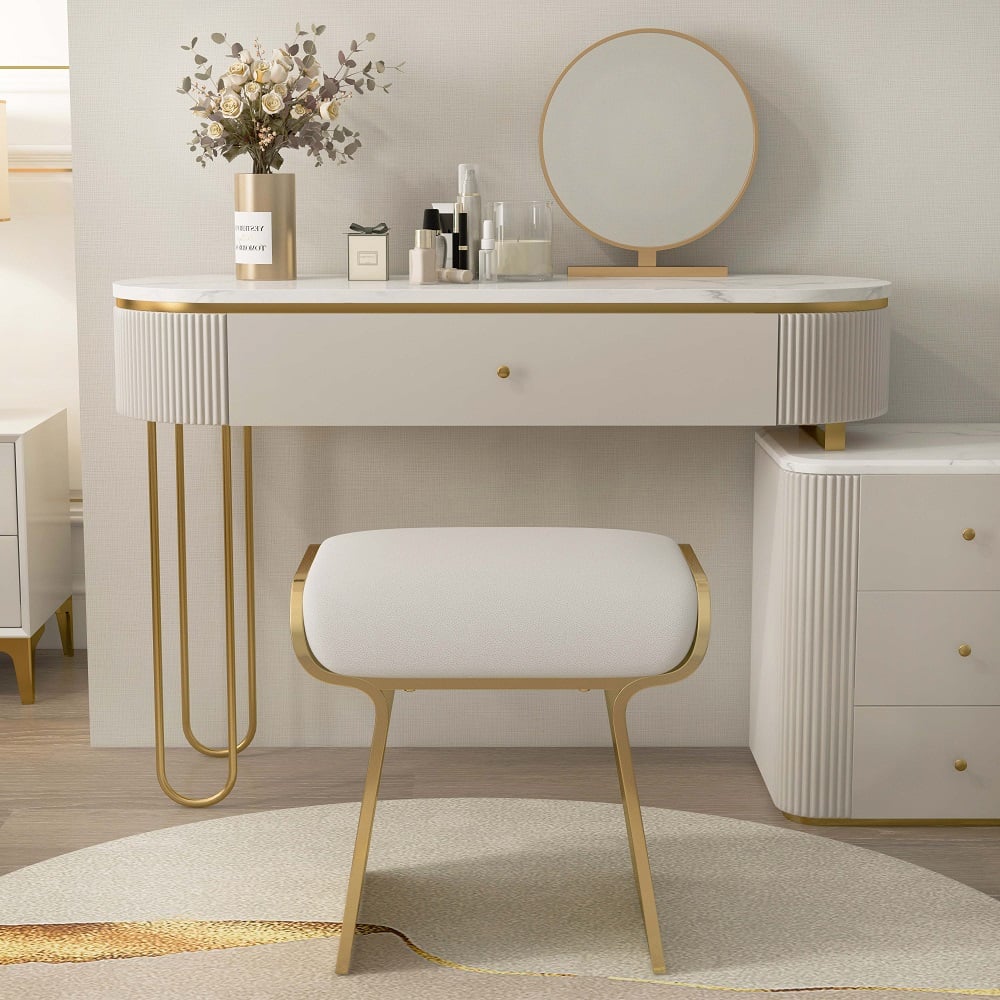 HMR - Upart Leath-aire Upholstered Vanity Stool with Gold Frame