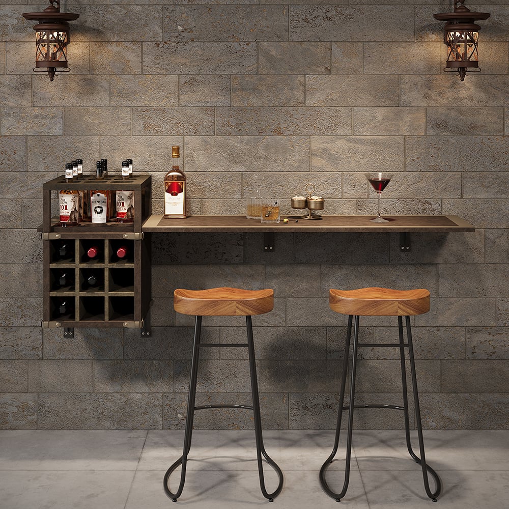 HMR - 71" Wall Mounted Bar Table with Wine Bottle Storage Brown Faux Leather Wood Pub Table