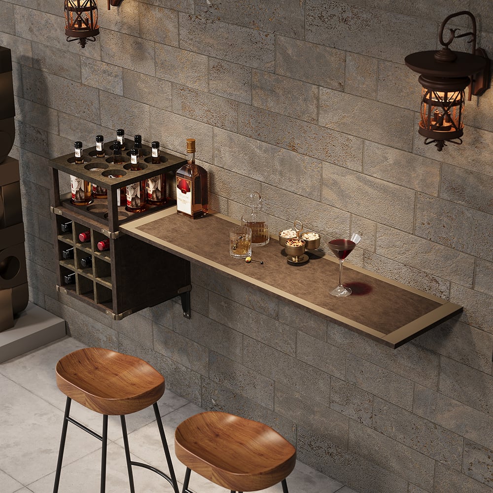 HMR - 71" Wall Mounted Bar Table with Wine Bottle Storage Brown Faux Leather Wood Pub Table