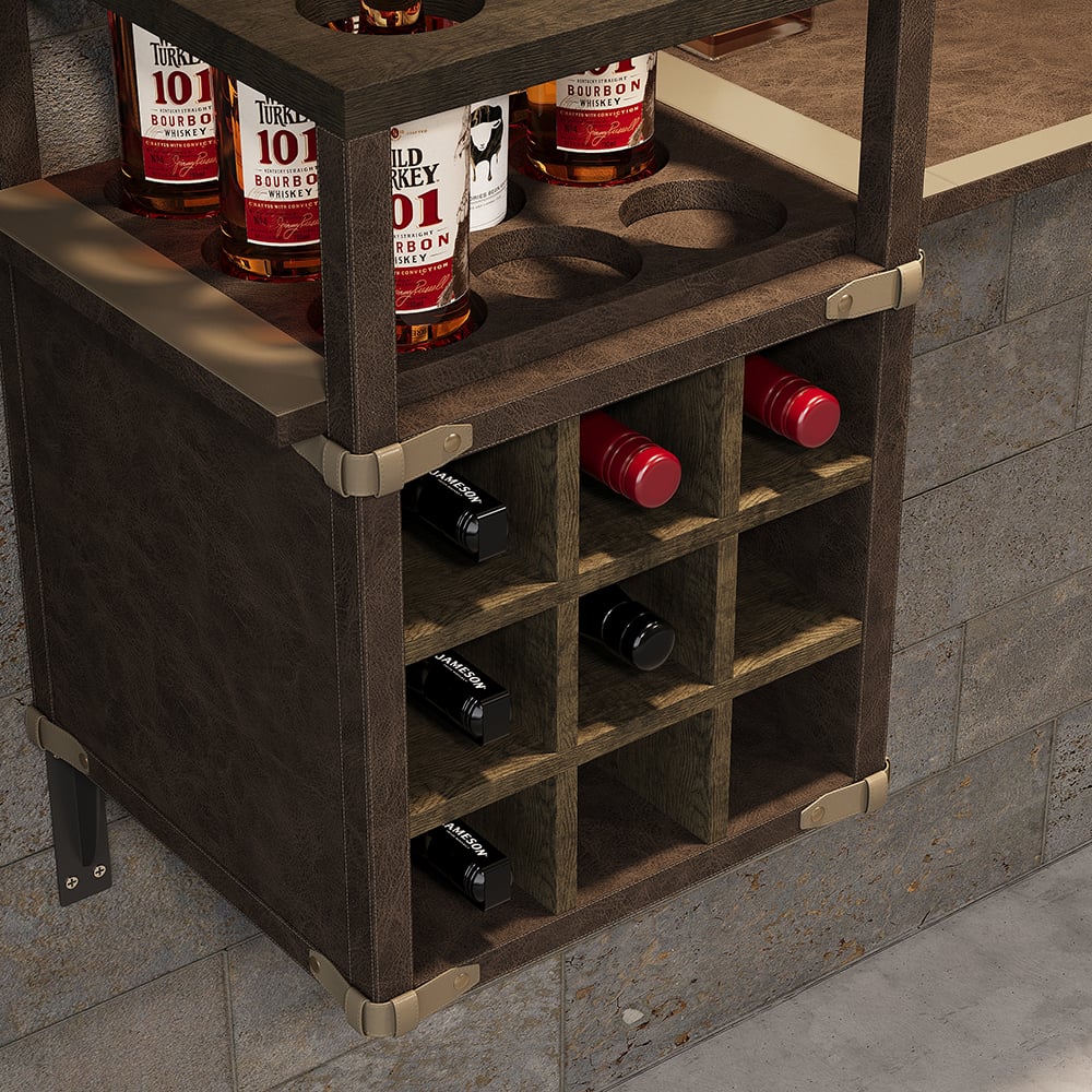 HMR - 71" Wall Mounted Bar Table with Wine Bottle Storage Brown Faux Leather Wood Pub Table
