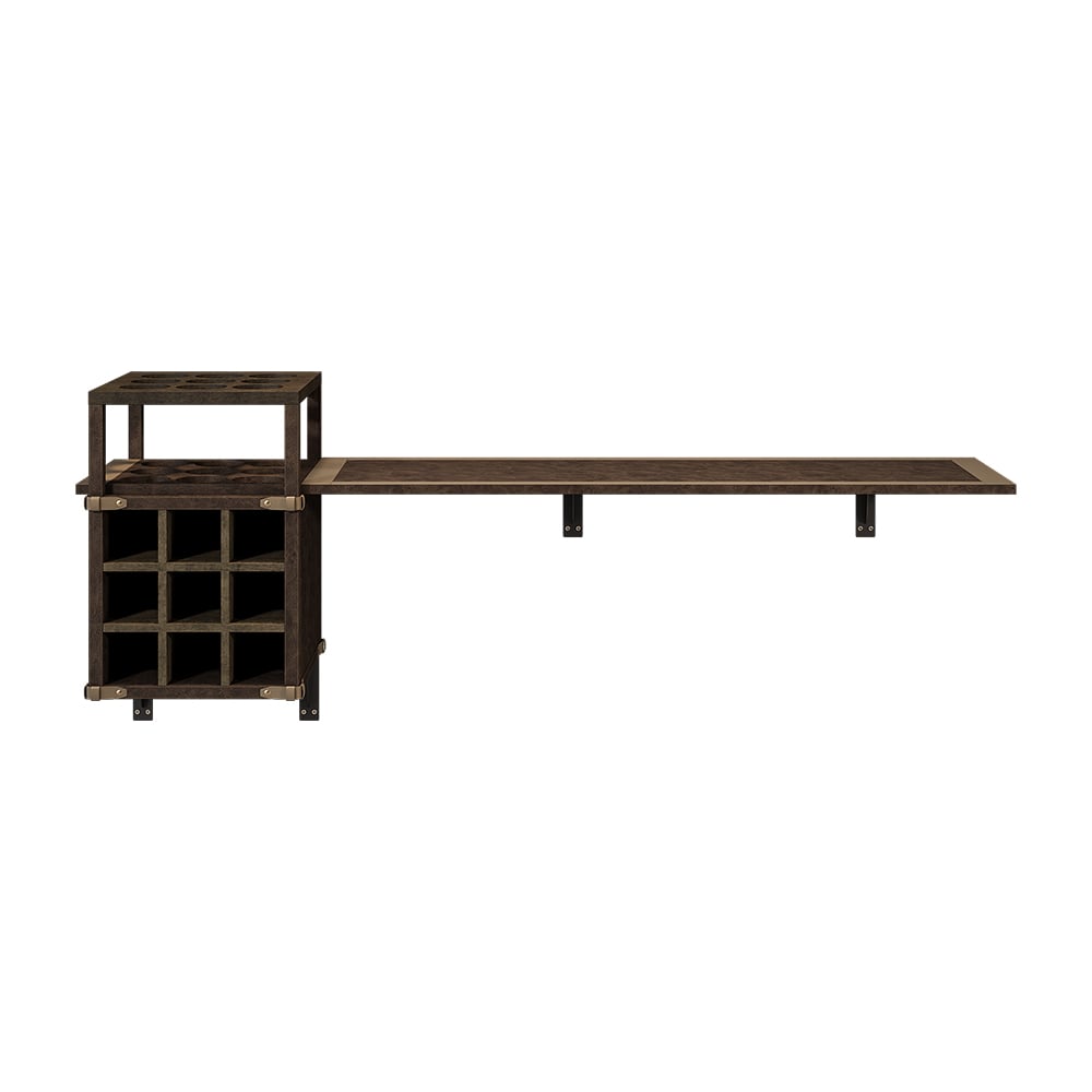 HMR - 71" Wall Mounted Bar Table with Wine Bottle Storage Brown Faux Leather Wood Pub Table
