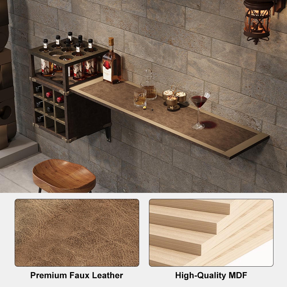 HMR - 71" Wall Mounted Bar Table with Wine Bottle Storage Brown Faux Leather Wood Pub Table