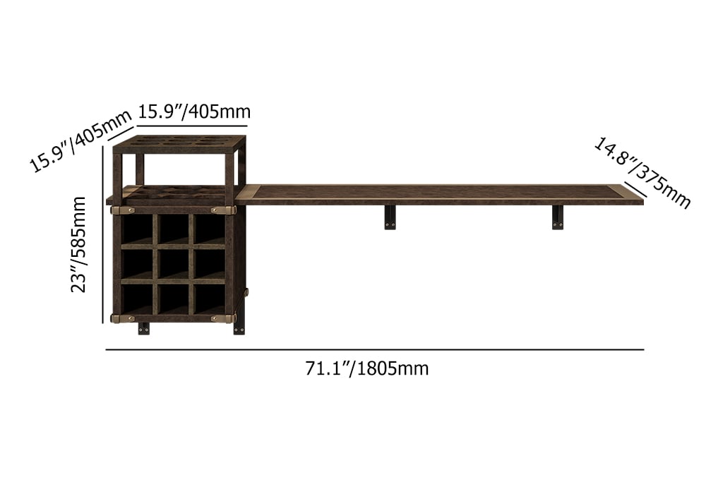 HMR - 71" Wall Mounted Bar Table with Wine Bottle Storage Brown Faux Leather Wood Pub Table