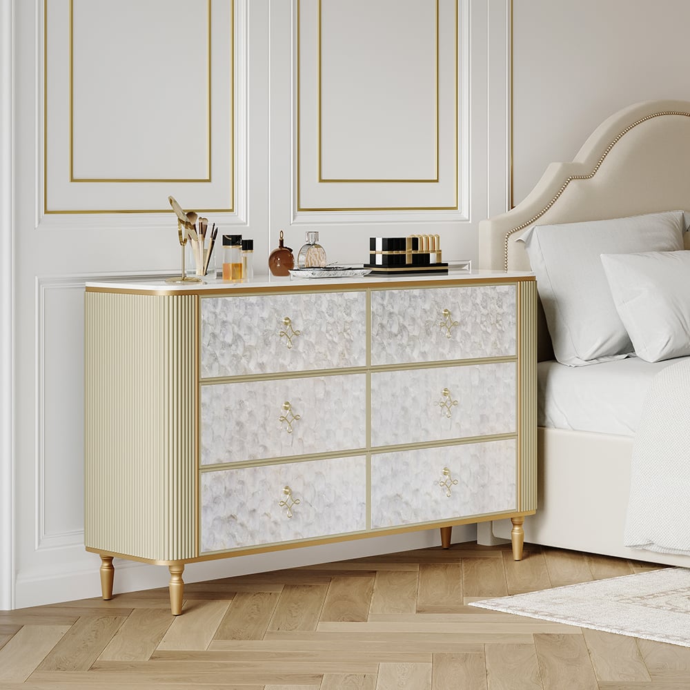 HMR - Art Deco 6 Drawer Dresser Capiz Shell Beige Chest Storag Cabinet with Sintered Stone Top