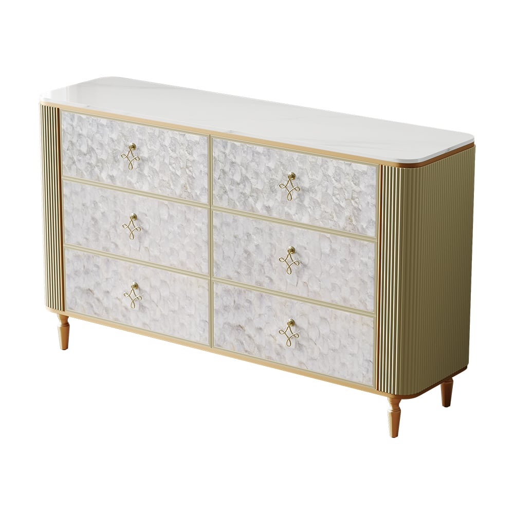 HMR - Art Deco 6 Drawer Dresser Capiz Shell Beige Chest Storag Cabinet with Sintered Stone Top