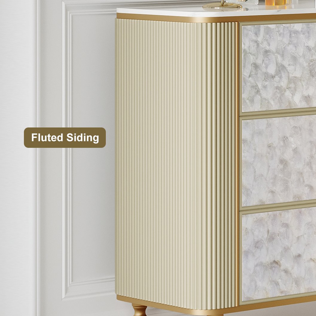 HMR - Art Deco 6 Drawer Dresser Capiz Shell Beige Chest Storag Cabinet with Sintered Stone Top