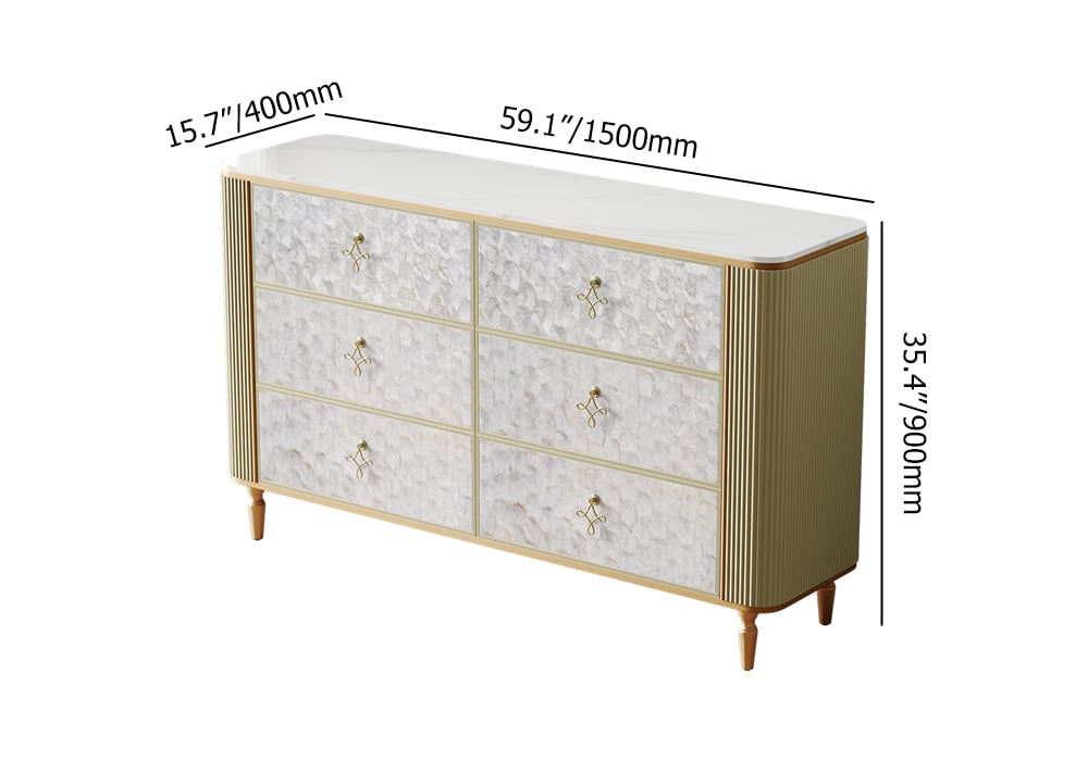 HMR - Art Deco 6 Drawer Dresser Capiz Shell Beige Chest Storag Cabinet with Sintered Stone Top