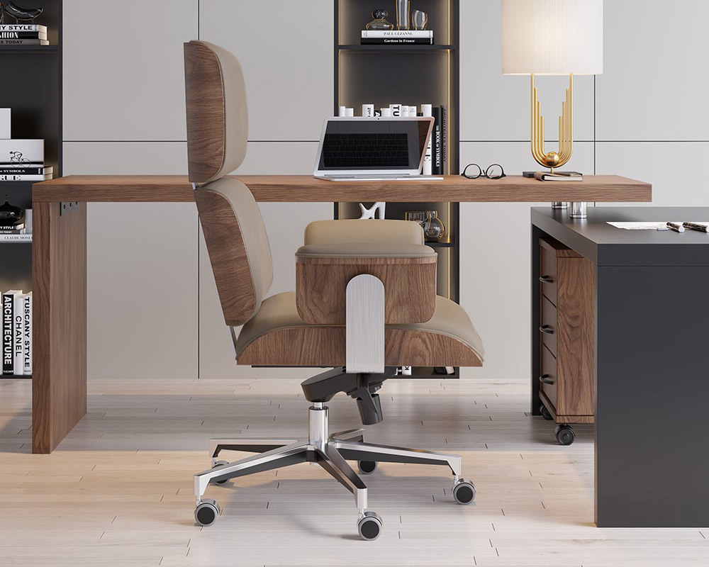 HMR Modern Home Office Chair Swivel Upholstered Wooden Office Chair Adjustable Height - Khaki