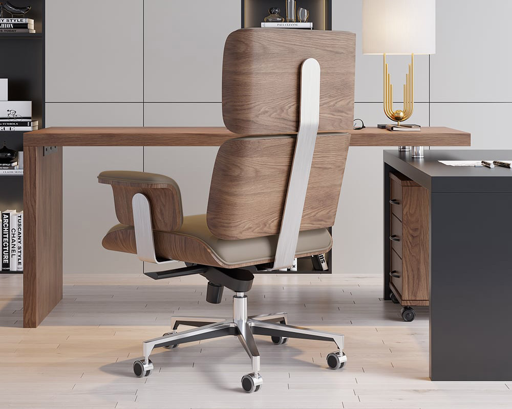 HMR Modern Home Office Chair Swivel Upholstered Wooden Office Chair Adjustable Height - Khaki