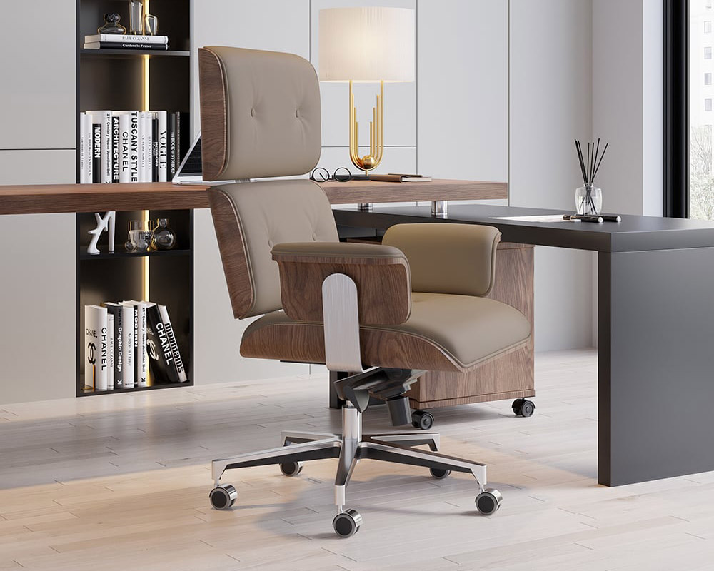HMR Modern Home Office Chair Swivel Upholstered Wooden Office Chair Adjustable Height - Khaki