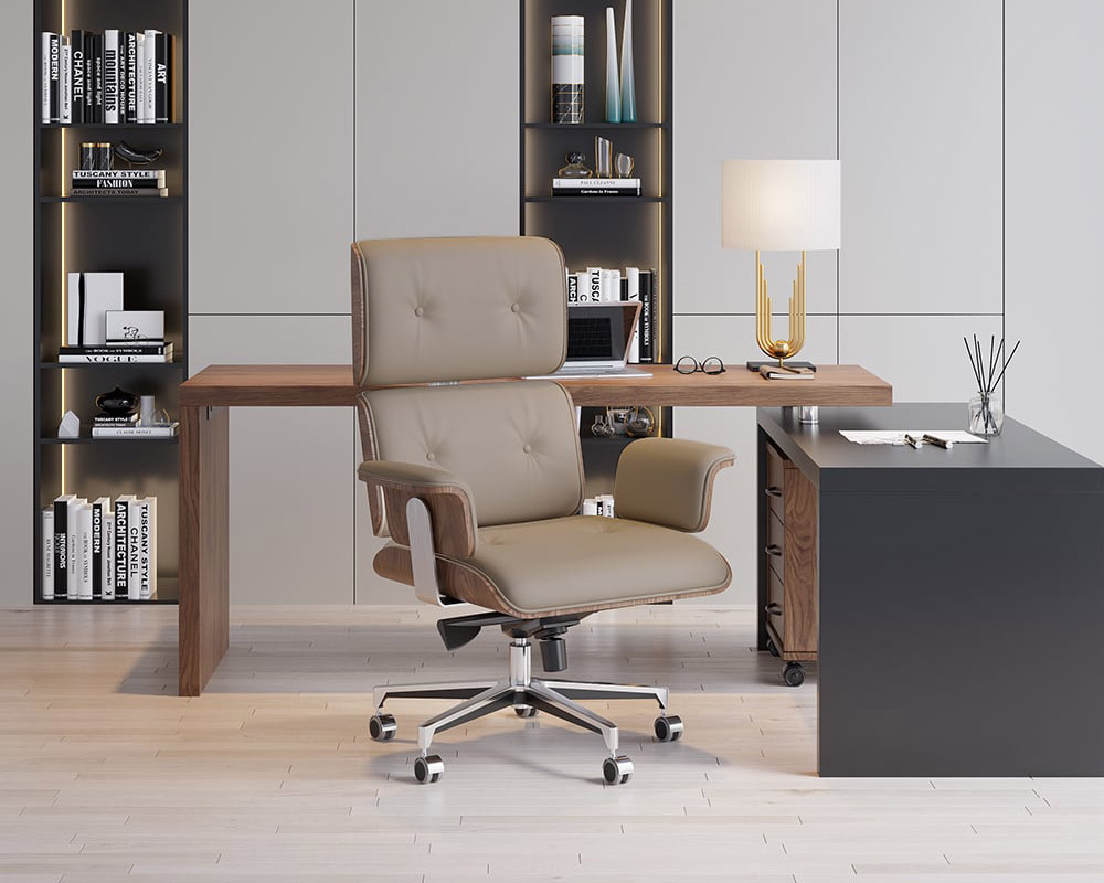HMR Modern Home Office Chair Swivel Upholstered Wooden Office Chair Adjustable Height - Khaki