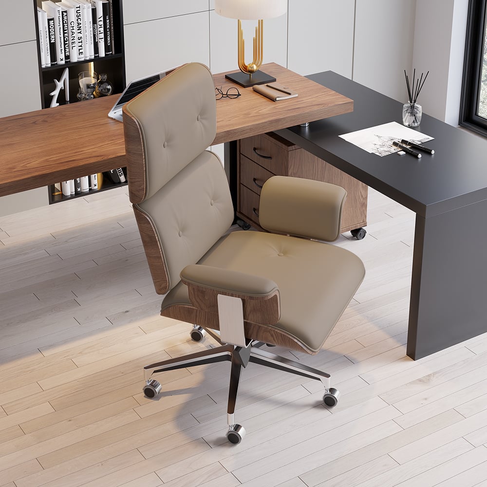 HMR Modern Home Office Chair Swivel Upholstered Wooden Office Chair Adjustable Height - Khaki