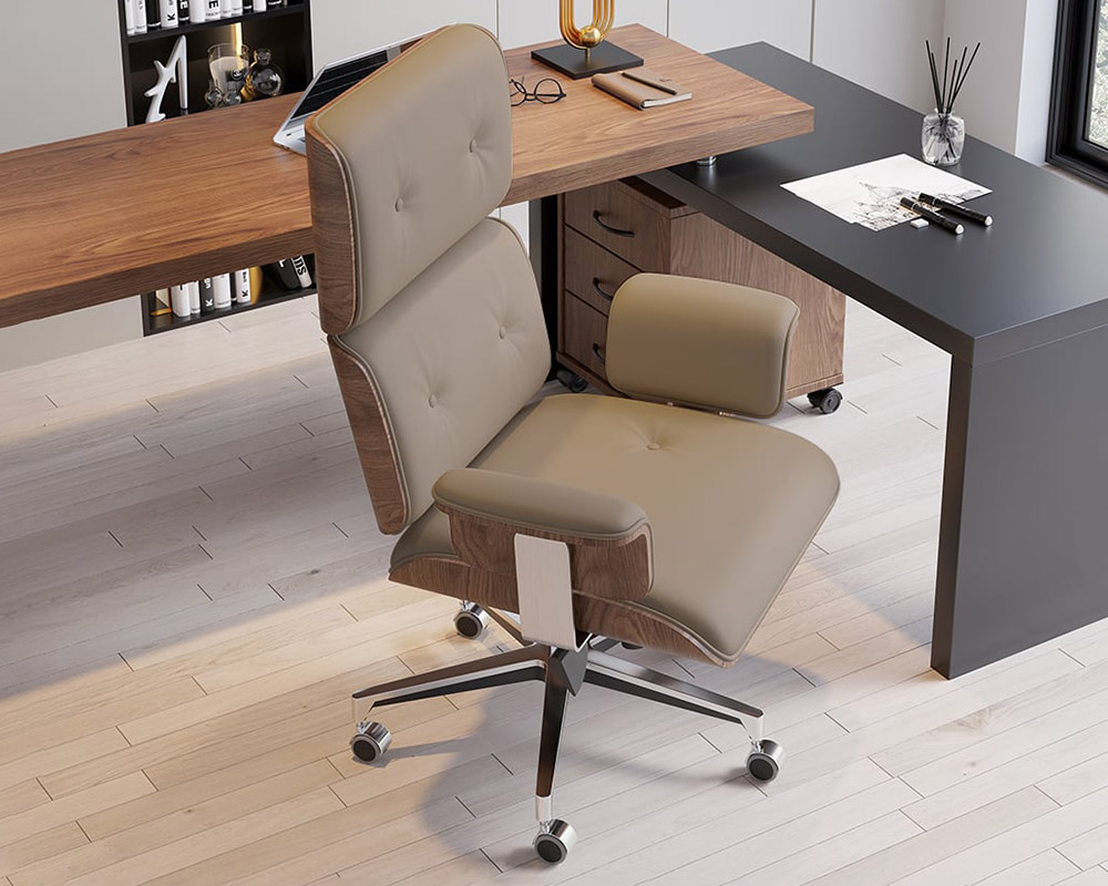 HMR Modern Home Office Chair Swivel Upholstered Wooden Office Chair Adjustable Height - Khaki