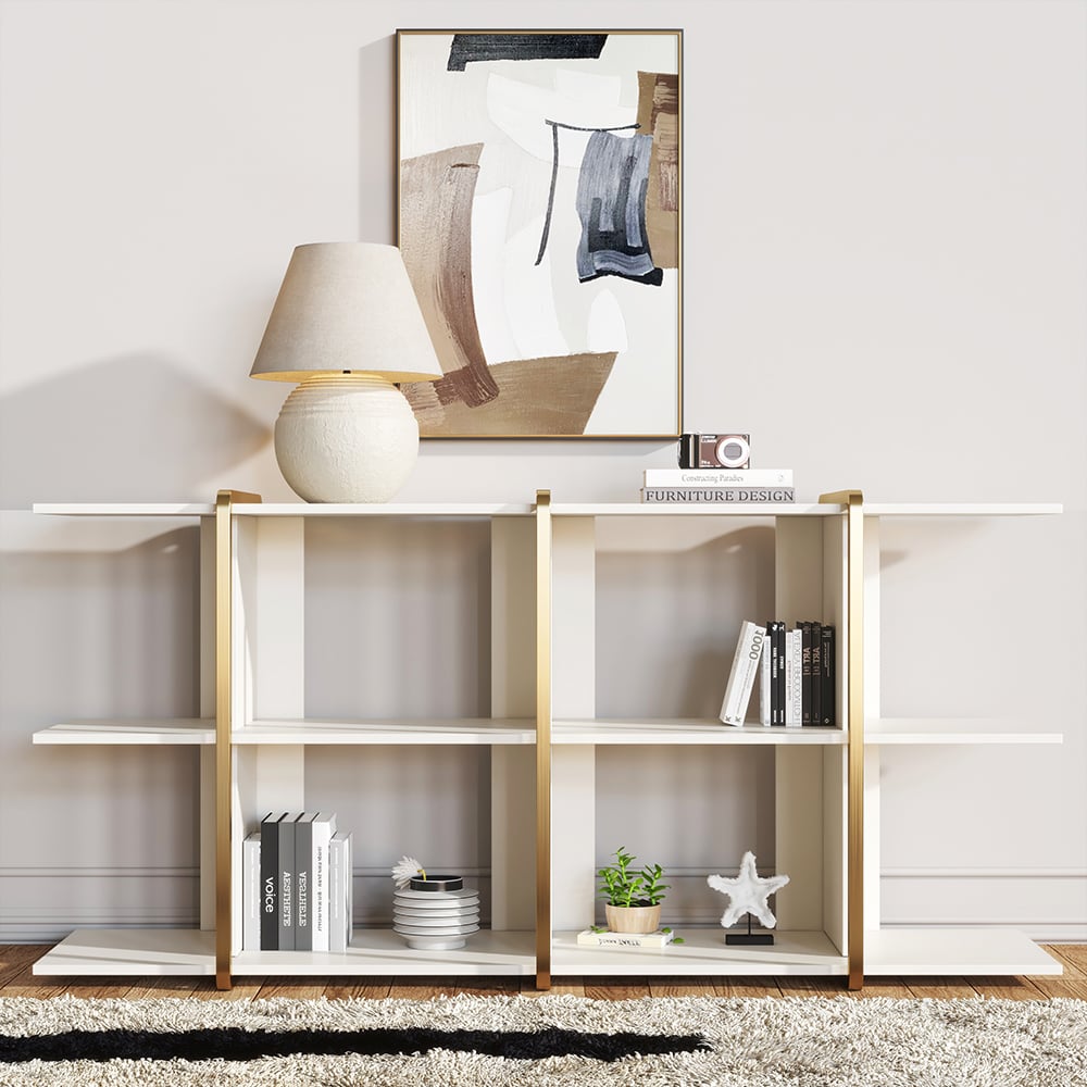 HMR - 72" Long Low Bookshelf 2-Shelf Open Horizontal Bookcase White & Gold