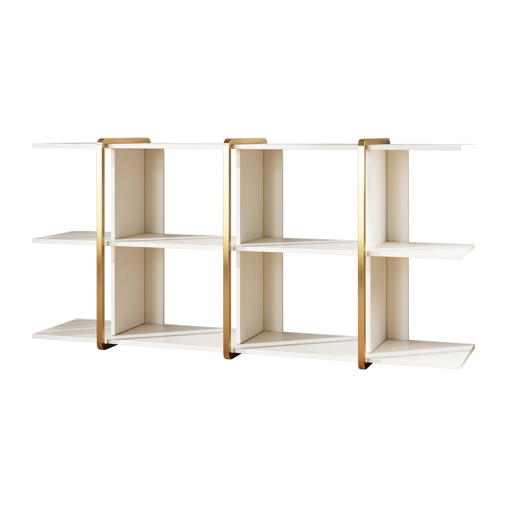 HMR - 72" Long Low Bookshelf 2-Shelf Open Horizontal Bookcase White & Gold