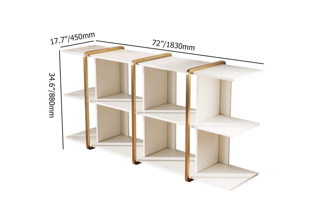 HMR - 72" Long Low Bookshelf 2-Shelf Open Horizontal Bookcase White & Gold
