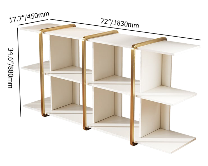 HMR - 72" Long Low Bookshelf 2-Shelf Open Horizontal Bookcase White & Gold