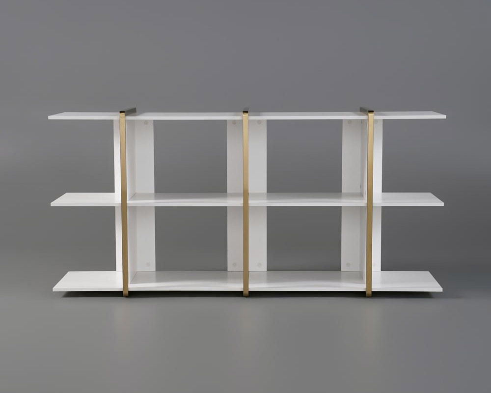 HMR - 72" Long Low Bookshelf 2-Shelf Open Horizontal Bookcase White & Gold