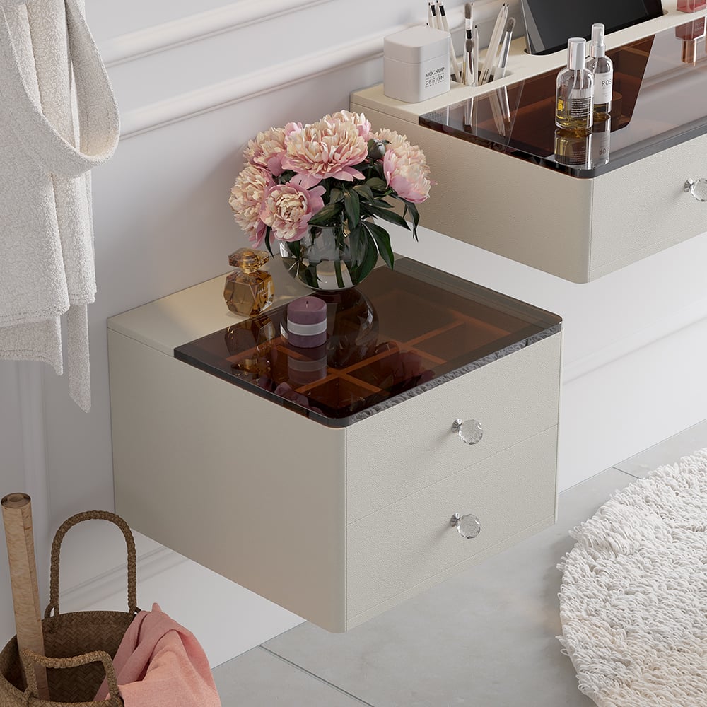 HMR - 47" Leather Floating Tempered Glass Top Makeup Vanity Set with Stool