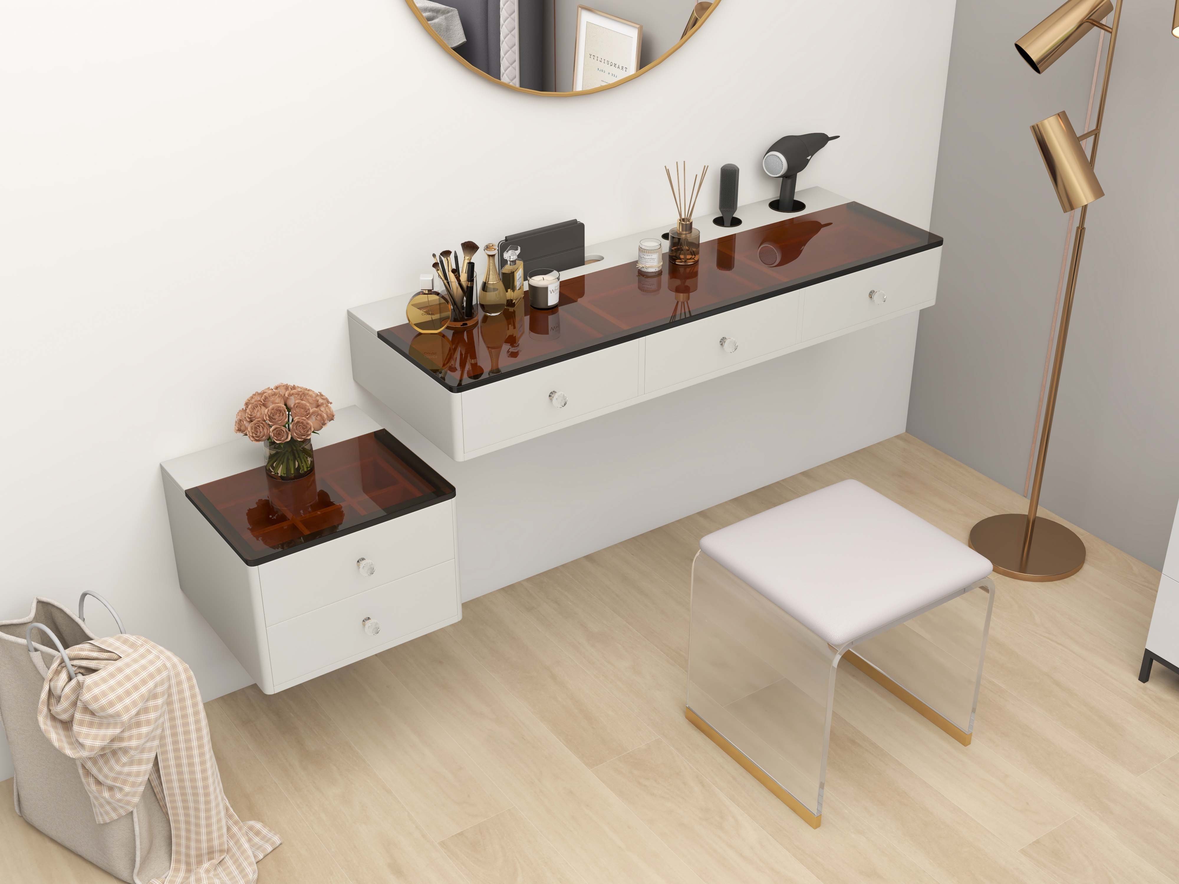 HMR - 47" Leather Floating Tempered Glass Top Makeup Vanity Set with Stool