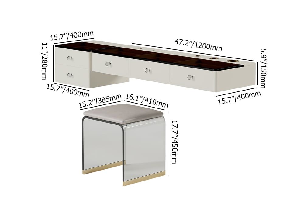HMR - 47" Leather Floating Tempered Glass Top Makeup Vanity Set with Stool