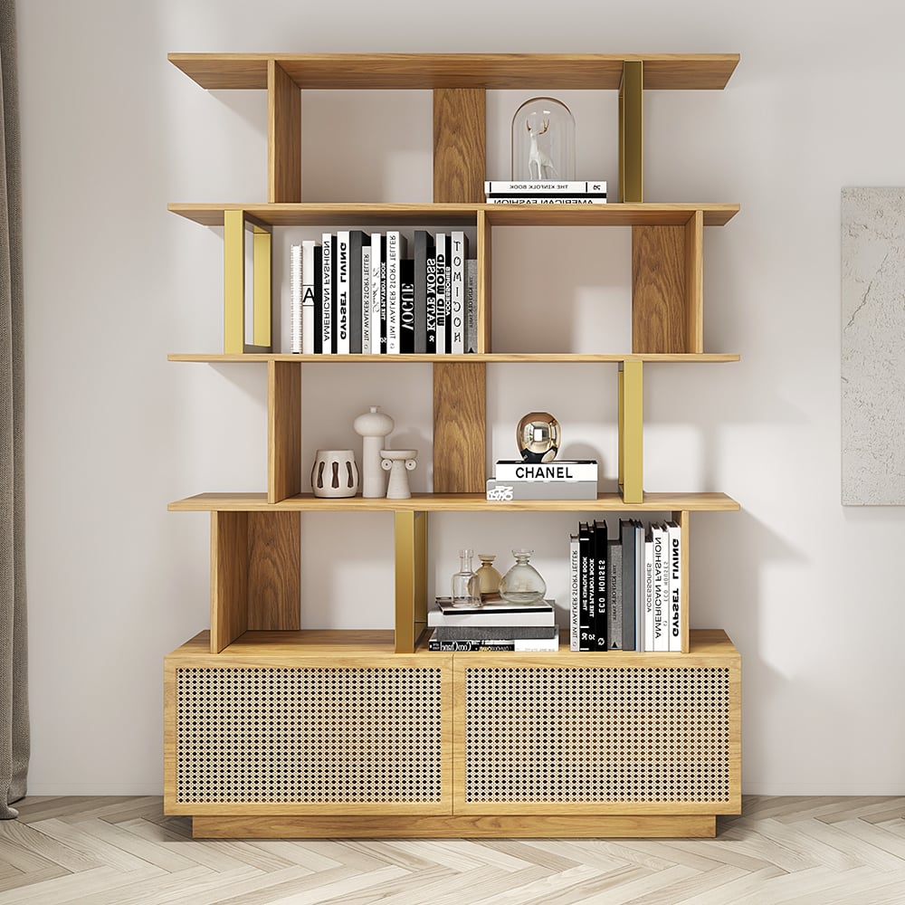 HMR 5-Tier Wood Bookshelf with 2 Doors Modern Bookcase in Gold Finish - Natural