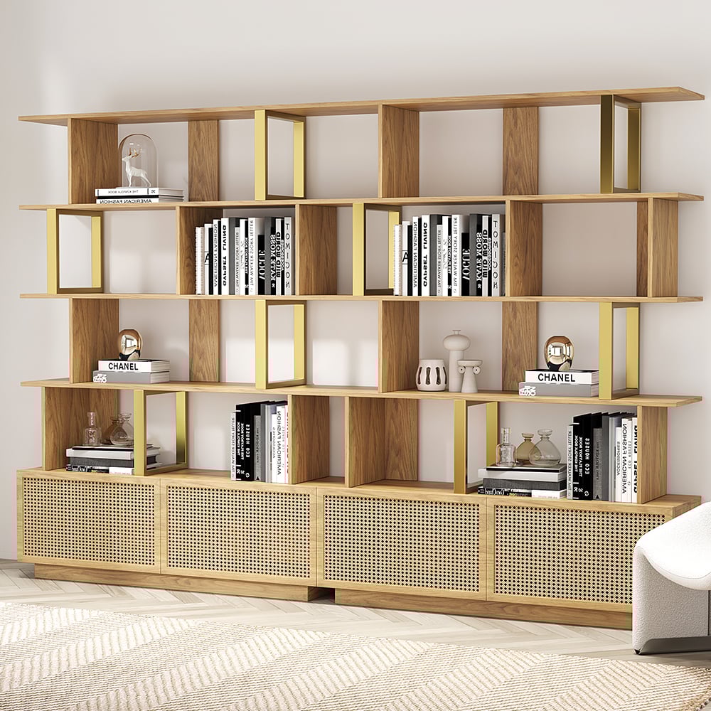HMR 5-Tier Wood Bookshelf with 2 Doors Modern Bookcase in Gold Finish - Natural