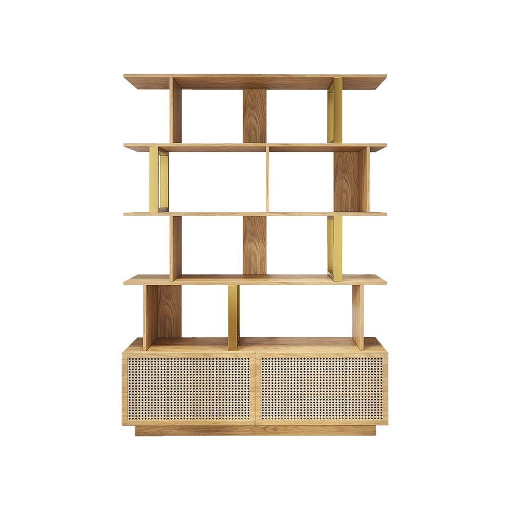 HMR 5-Tier Wood Bookshelf with 2 Doors Modern Bookcase in Gold Finish - Natural